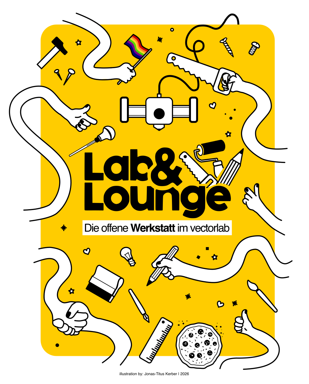 Illustriertes Plakat „Lab & Lounge – Die offene Werkstatt im vectorlab“ mit gezeichneten Händen, Werkzeugen und einem 3D-Drucker